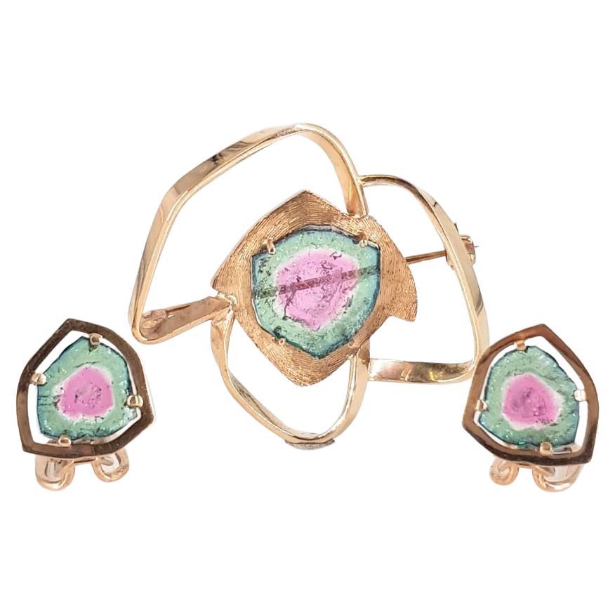 Yellow Gold Watermelon Tourmaline Brooch And Clip On Earrings For Sale