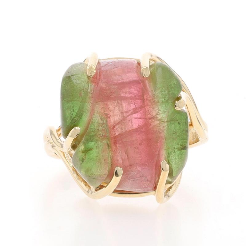 Size: 7 1/2
Sizing Fee: Up 3 sizes for $35 or Down 1 1/2 sizes for $30

Metal Content: 14k Yellow Gold

Stone Information

Natural Watermelon Tourmaline
Cut: Carved
Color: Pink & Green

Style: Cocktail Solitaire Bypass

Measurements

Face Height
