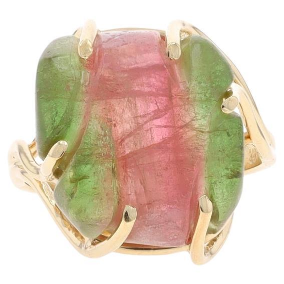 Yellow Gold Watermelon Tourmaline Cocktail Solitaire Bypass Ring - 14k Carved For Sale