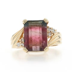 Yellow Gold Watermelon Tourmaline Diamond Ring - 14k Emerald 7.35ctw