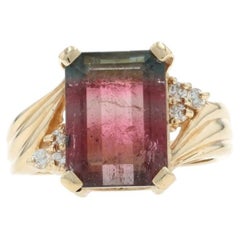 Yellow Gold Watermelon Tourmaline Diamond Ring - 14k Emerald 7.35ctw