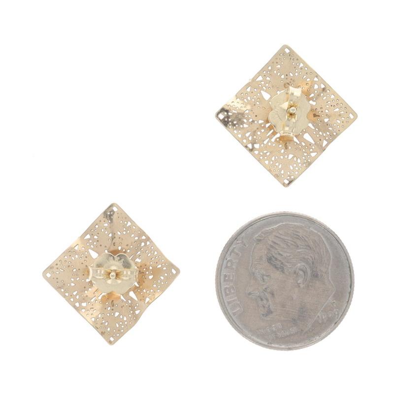 Große Gelbgold-Ohrstecker mit wellenförmiger quadratischer floraler Spitze - 14k Filigran durchbohrt Damen