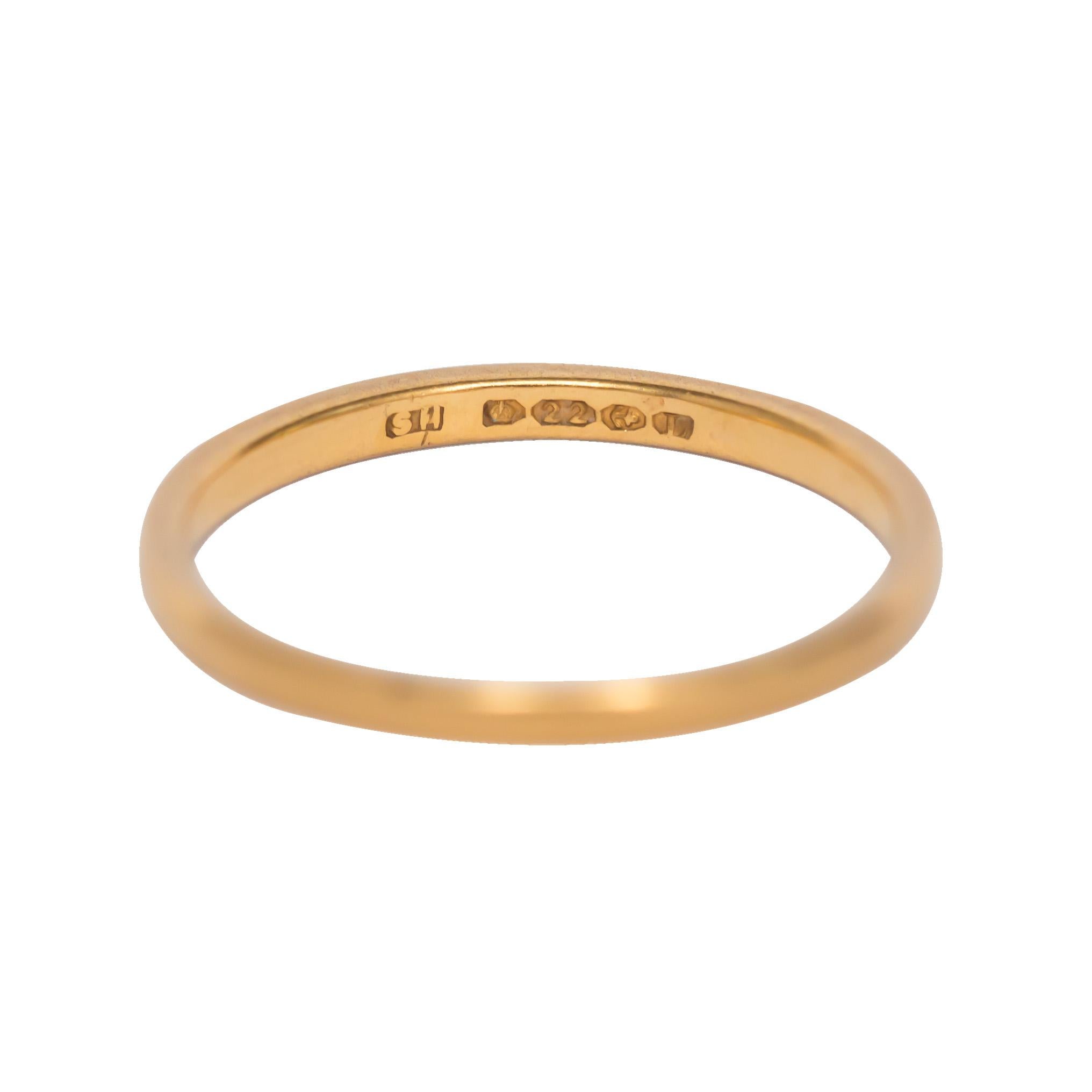 Ring Size: 6
Metal Type: 22 karat Yellow Gold 
Weight: 1.9 grams

Finger to Top of Stone Measurement: 1.22mm
Width: 1.81

Hallmarks on the inside dates to 1860 and to Birmingham
