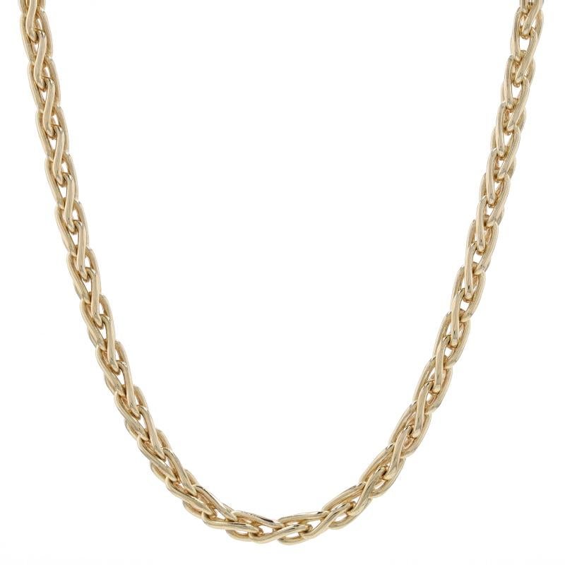 Metal Content: 14k Yellow Gold

Style: Chain 
Chain Style: Wheat
Fastening Type: Lobster Claw Clasp

Measurements

Length: 18 3/4