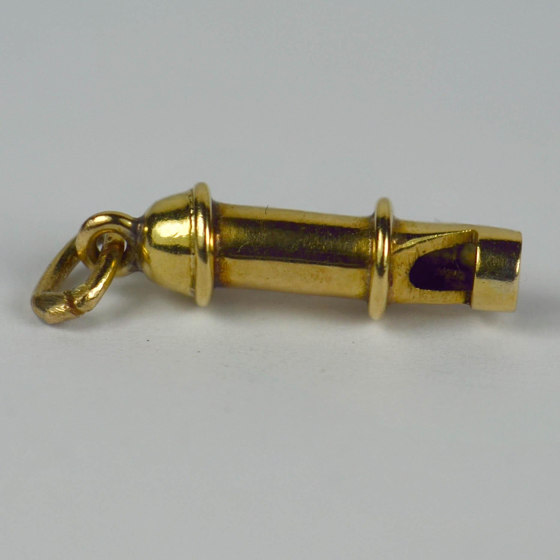 An 18 karat yellow gold charm pendant designed as a whistle.
Unmarked but tested as 18 karat gold.

Dimensions: 2 x 0.5 x 0.5 cm
Weight: 0.98 grams