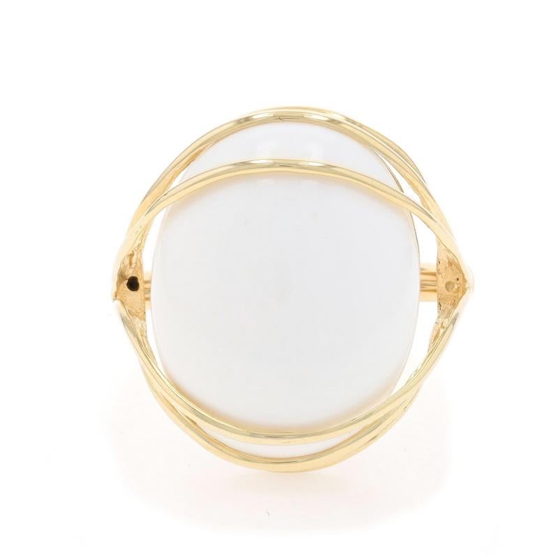 Size: 9
Sizing Fee: Up 2 sizes for $40 or Down 1 size for $30

Metal Content: 14k Yellow Gold

Stone Information

Natural White Agate / Chalcedony
Cut: Oval Cabochon
Color: White
Size: 20mm x 16.3mm

Style: Cocktail Solitaire

Measurements

Face