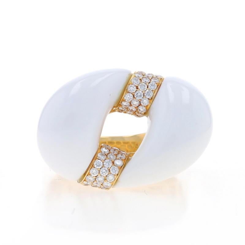 Size: 7

Metal Content: 18k Yellow Gold

Stone Information

Natural White Agate

Natural Diamonds
Carat(s): .60ctw
Cut: Round Brilliant
Color: F - G
Clarity: SI1 - SI2

Total Carats: .60ctw

Style: Cluster Cocktail
Theme: Chain
