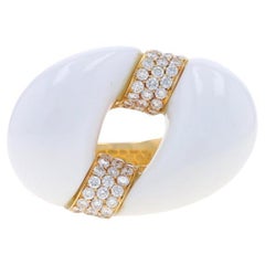 Bague Cocktail en Or Jaune Agate Blanche Diamant Cluster 18k .60ctw Chain Link Sz 7