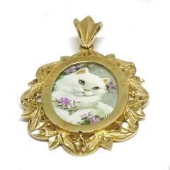 Yellow Gold White Cat Masterpiece Hand Painted MOP Pendant #0698