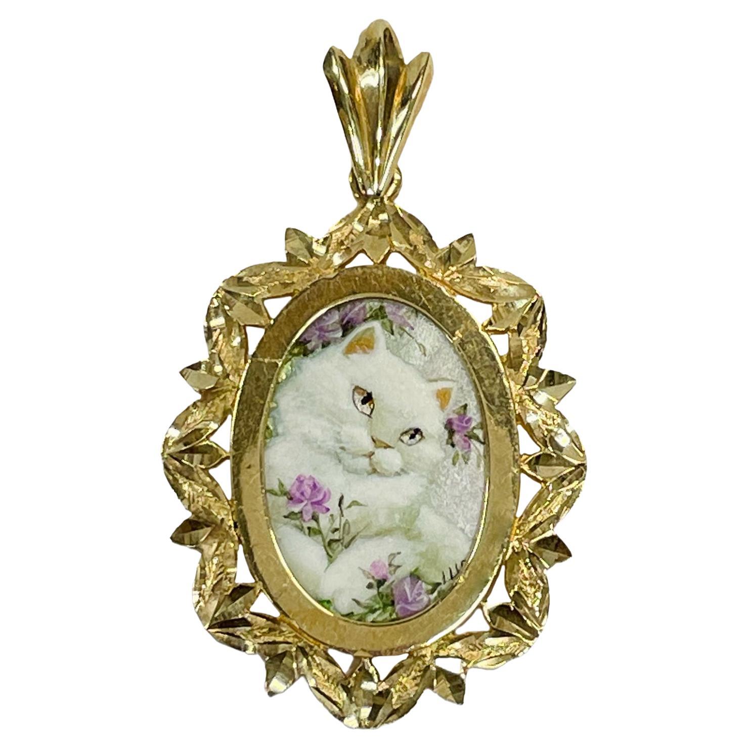 Yellow Gold White Cat Masterpiece Hand Painted MOP Pendant #0698 For Sale