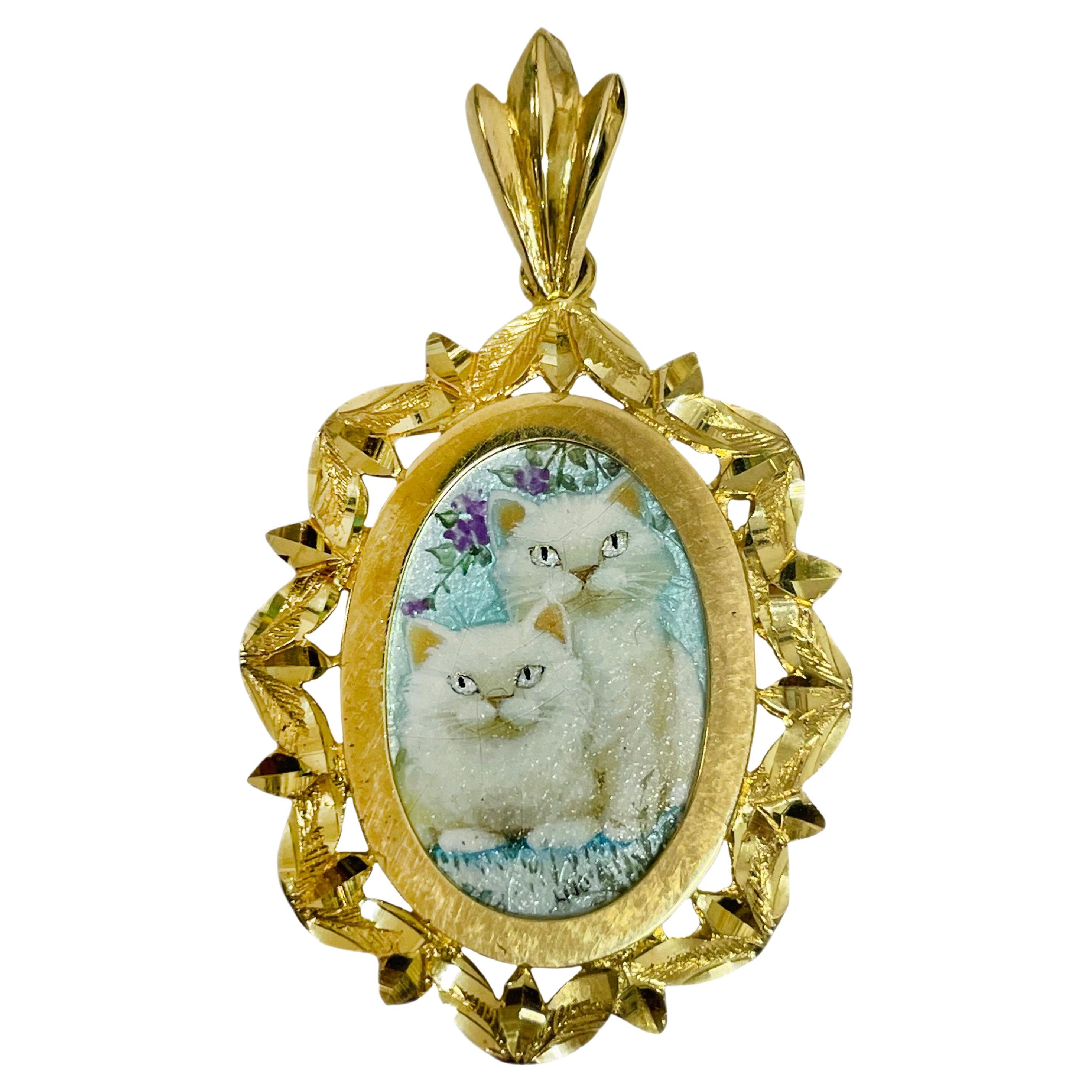 Yellow Gold White Cats Masterpiece Hand Painted MOP Pendant #0842 For Sale
