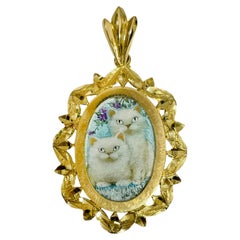 Yellow Gold White Cats Masterpiece Hand Painted MOP Pendant #0842