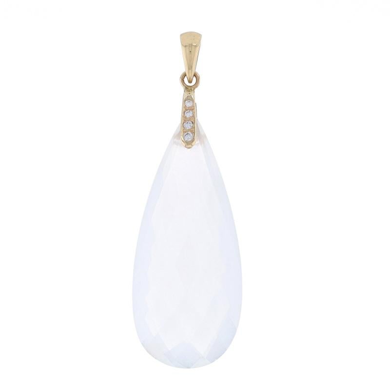 Metal Content: 14k Yellow Gold

Stone Information
Natural White Chalcedony
Cut: Checkerboard Pear Briolette
Size: 35.1mm x 14.9mm

Natural Diamonds
Carat(s): .04ctw
Cut: Round Brilliant
Color: G
Clarity: SI1 - SI2

Theme: Teardrop
Features: