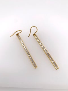 Yellow Gold White Diamond Earrings, Gold Bar Earrings