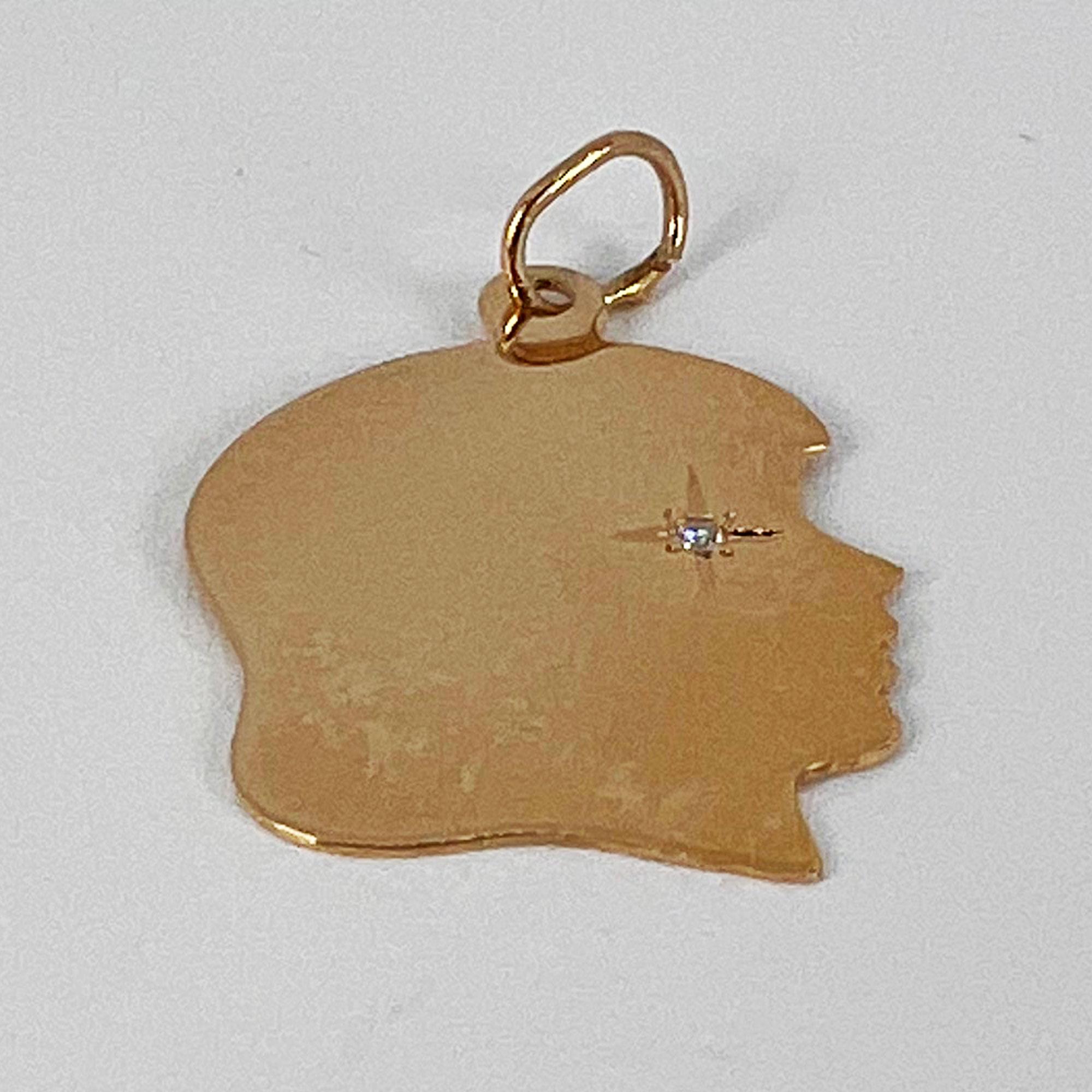 Yellow Gold White Diamond Girl Head Silhouette Charm Pendant For Sale 3