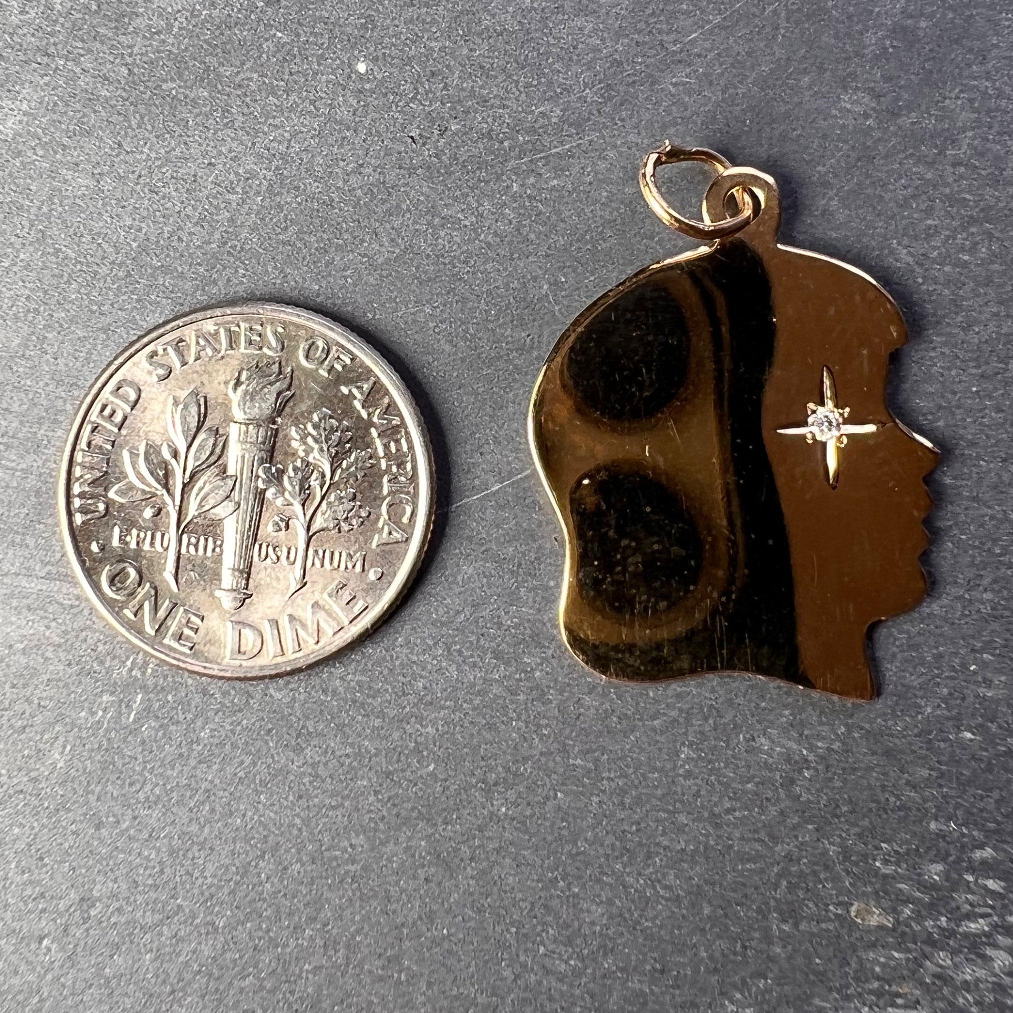 Yellow Gold White Diamond Girl Head Silhouette Charm Pendant 1