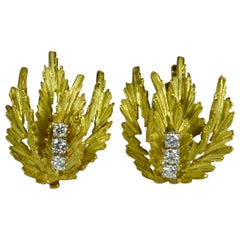 Yellow Gold White Diamond Leaf Clip Earrings