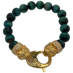 Yellow Gold White Diamond Malachite Bracelet, Tiger Bracelet