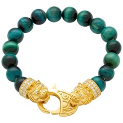 Yellow Gold White Diamond Malachite Bracelet, Tiger Bracelet