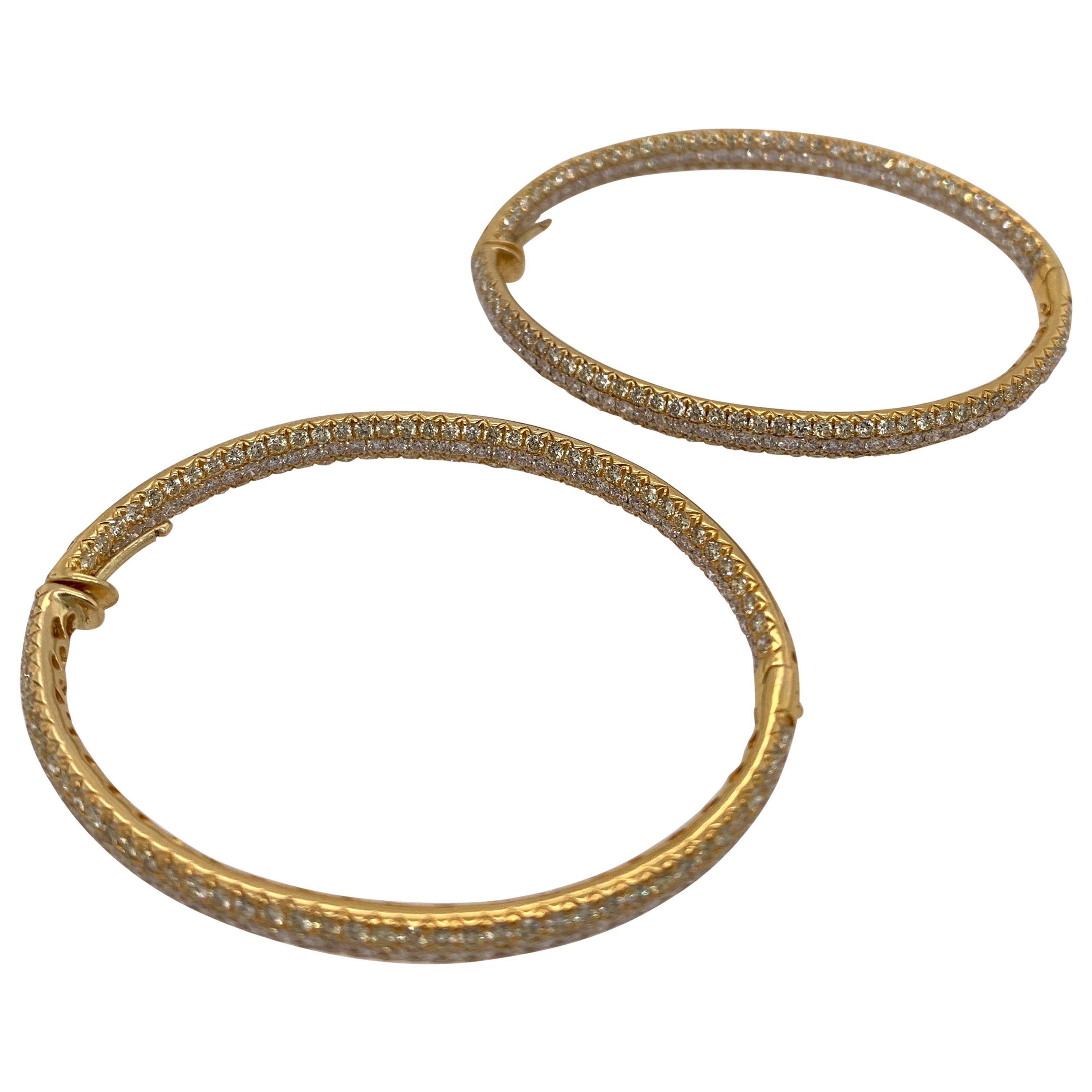 Yellow Gold White Diamond Oval Hoop Earrings For Sale