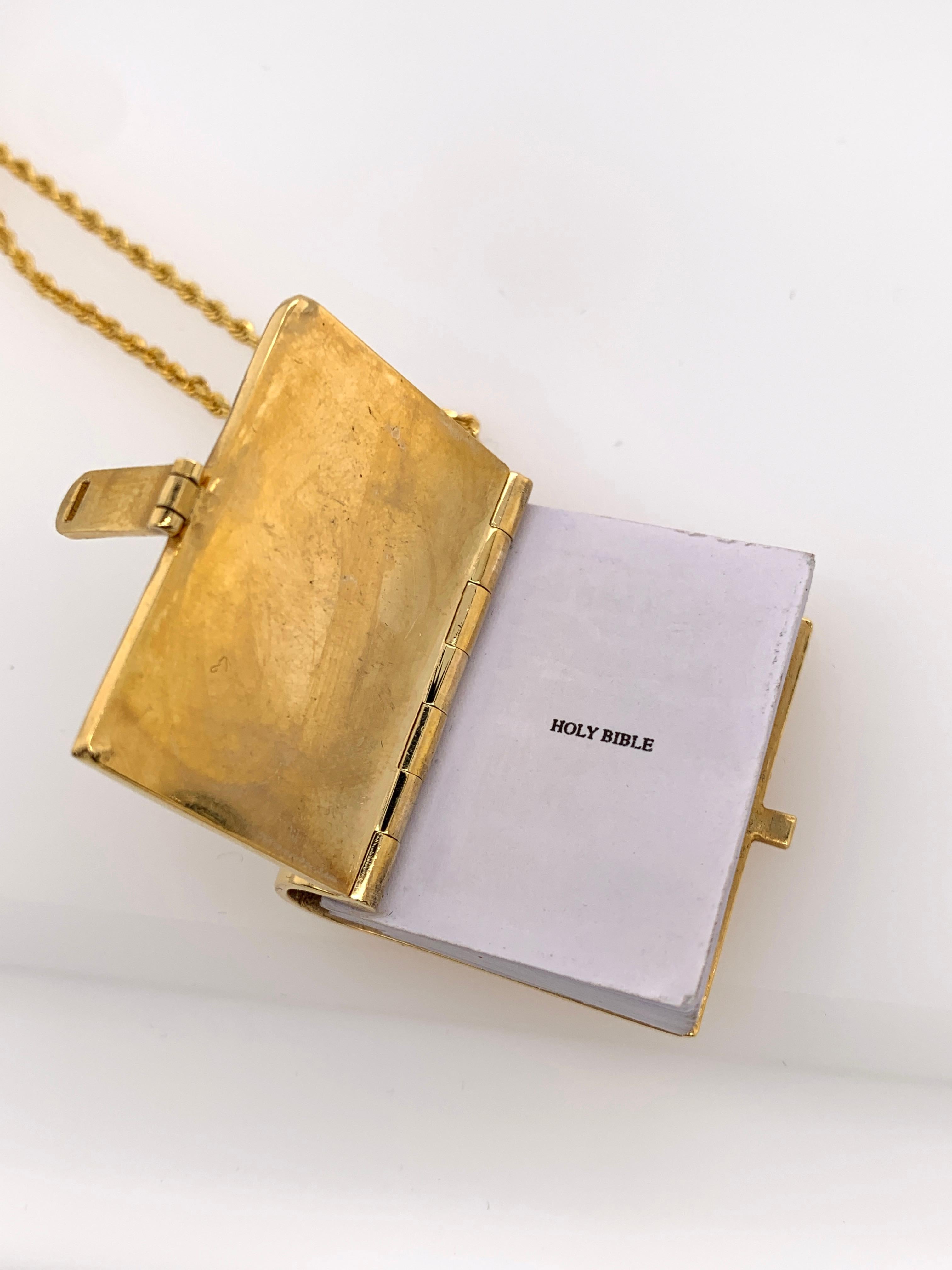 Modern Yellow Gold White Diamond Pendant Necklace, Bible Pendant For Sale