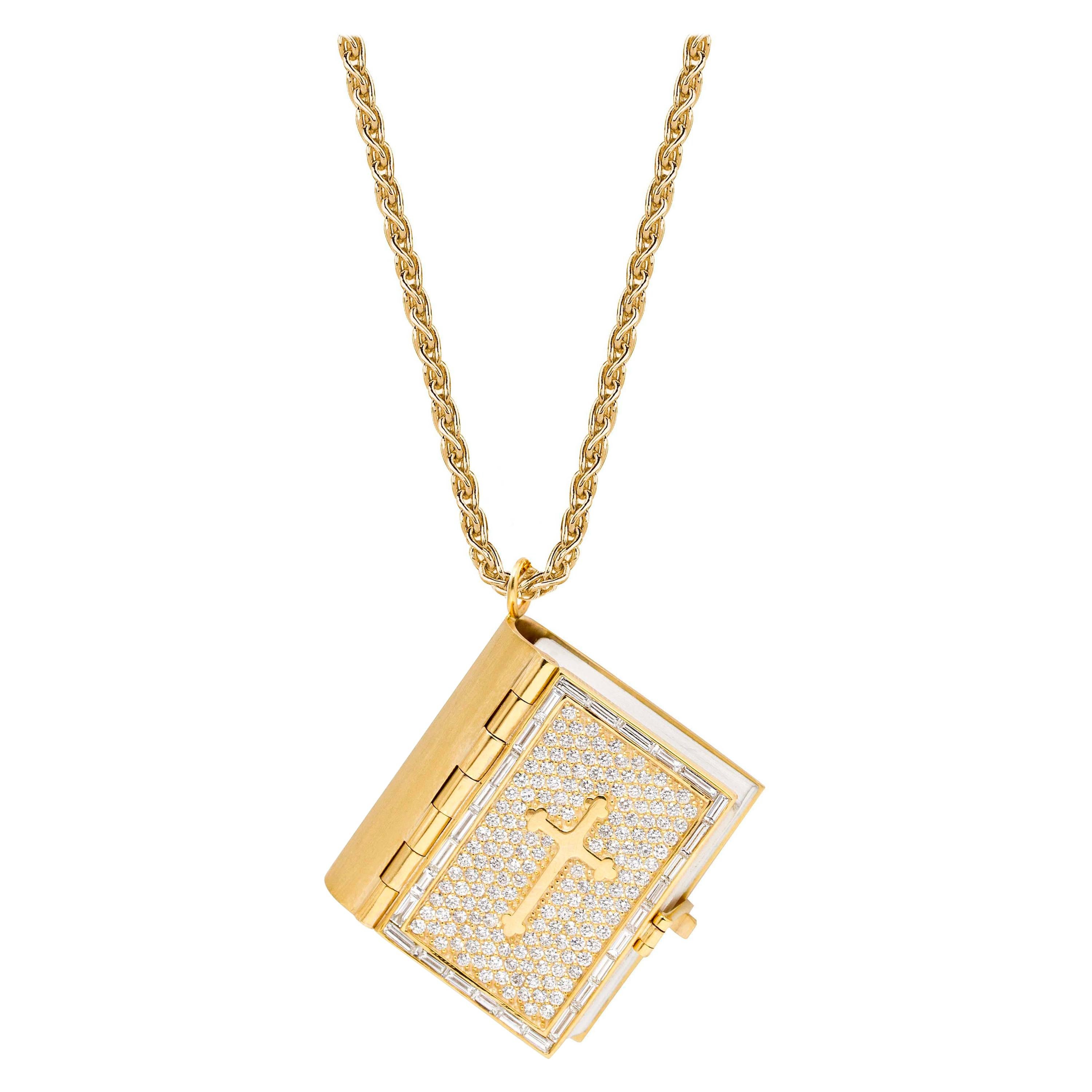 Yellow Gold White Diamond Pendant Necklace, Bible Pendant For Sale