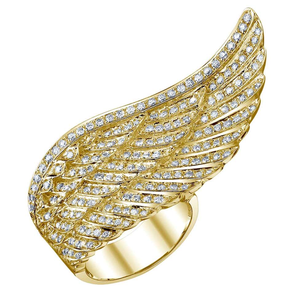 Yellow Gold White Diamond Ring, Angel Wing For Sale at 1stDibs