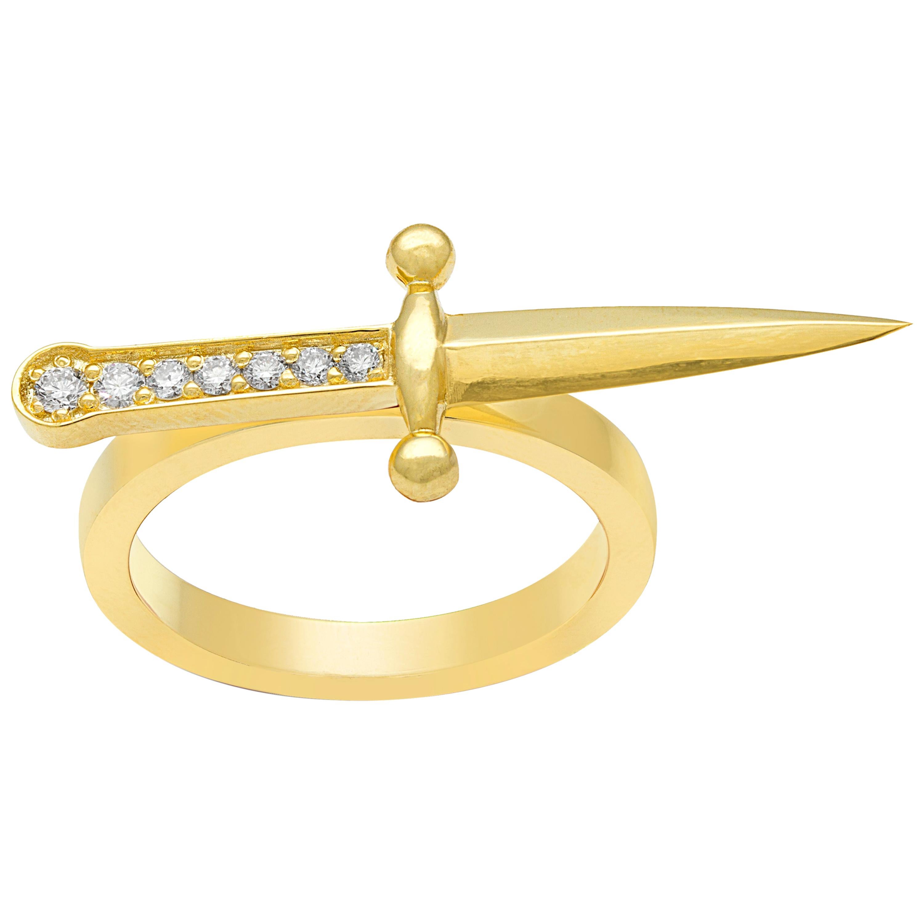 Modern Yellow Gold White Diamond Ring, Dagger Ring For Sale