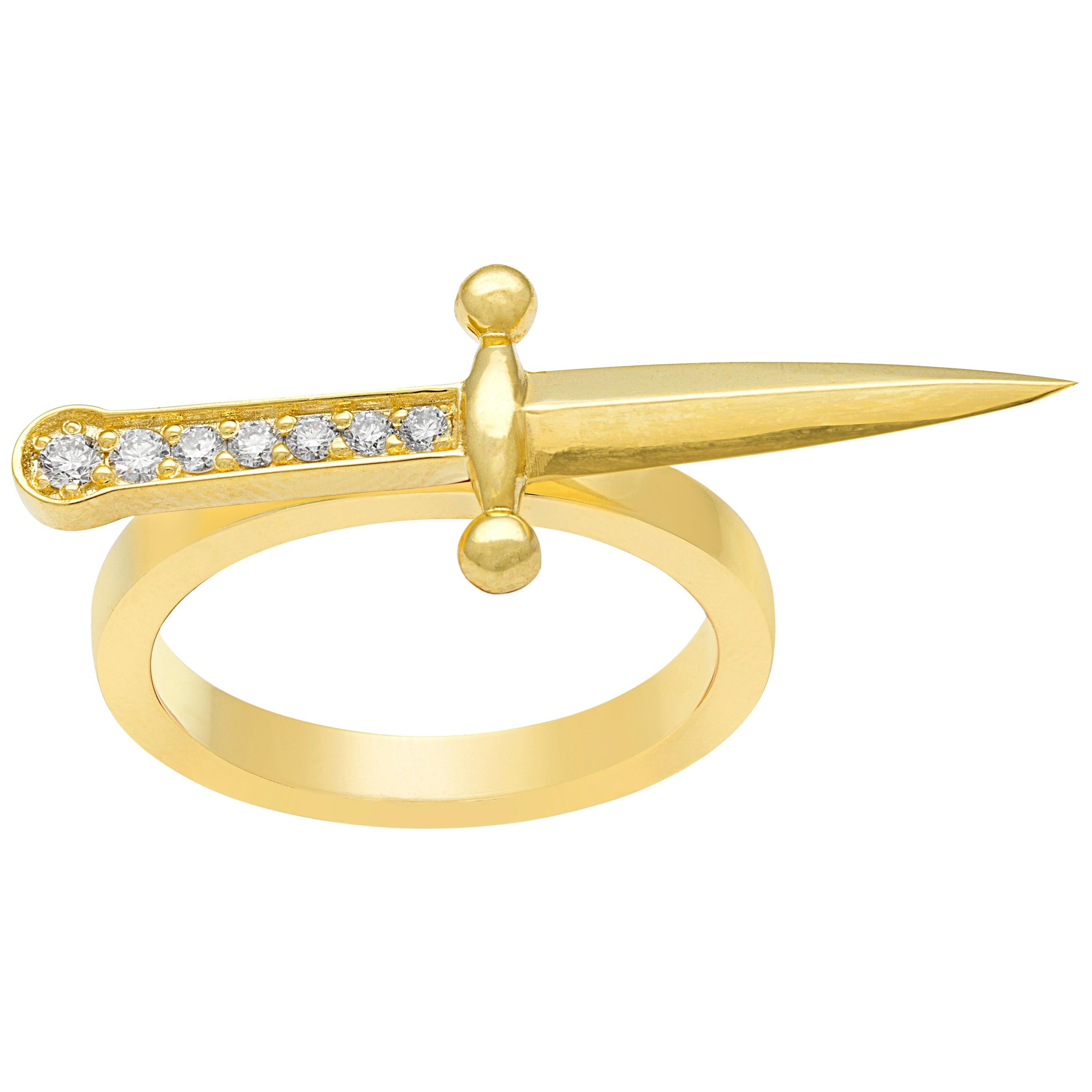 Yellow Gold White Diamond Ring, Dagger Ring For Sale