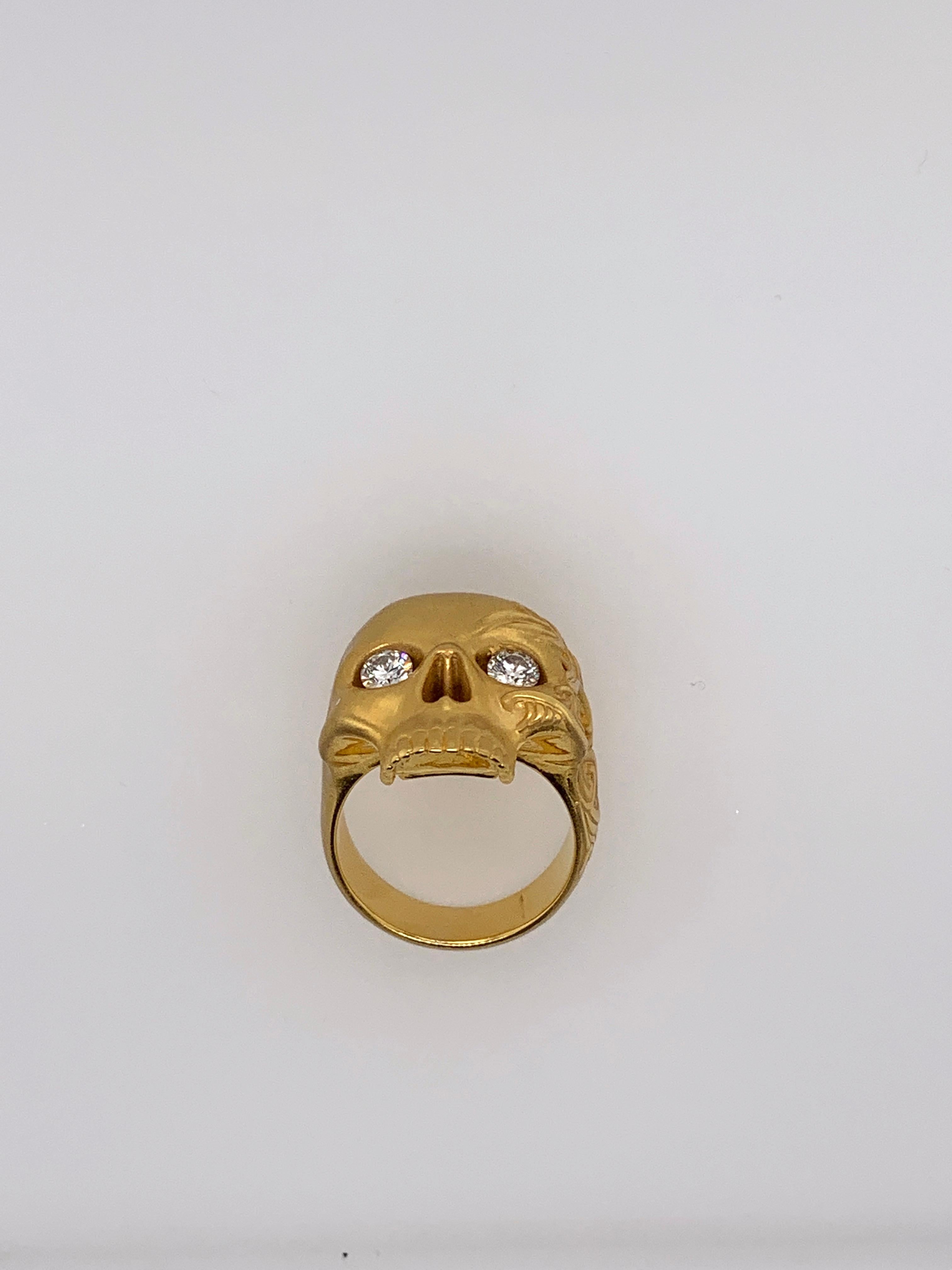 Women's Yellow Gold White Diamond Skull Ring For Sale