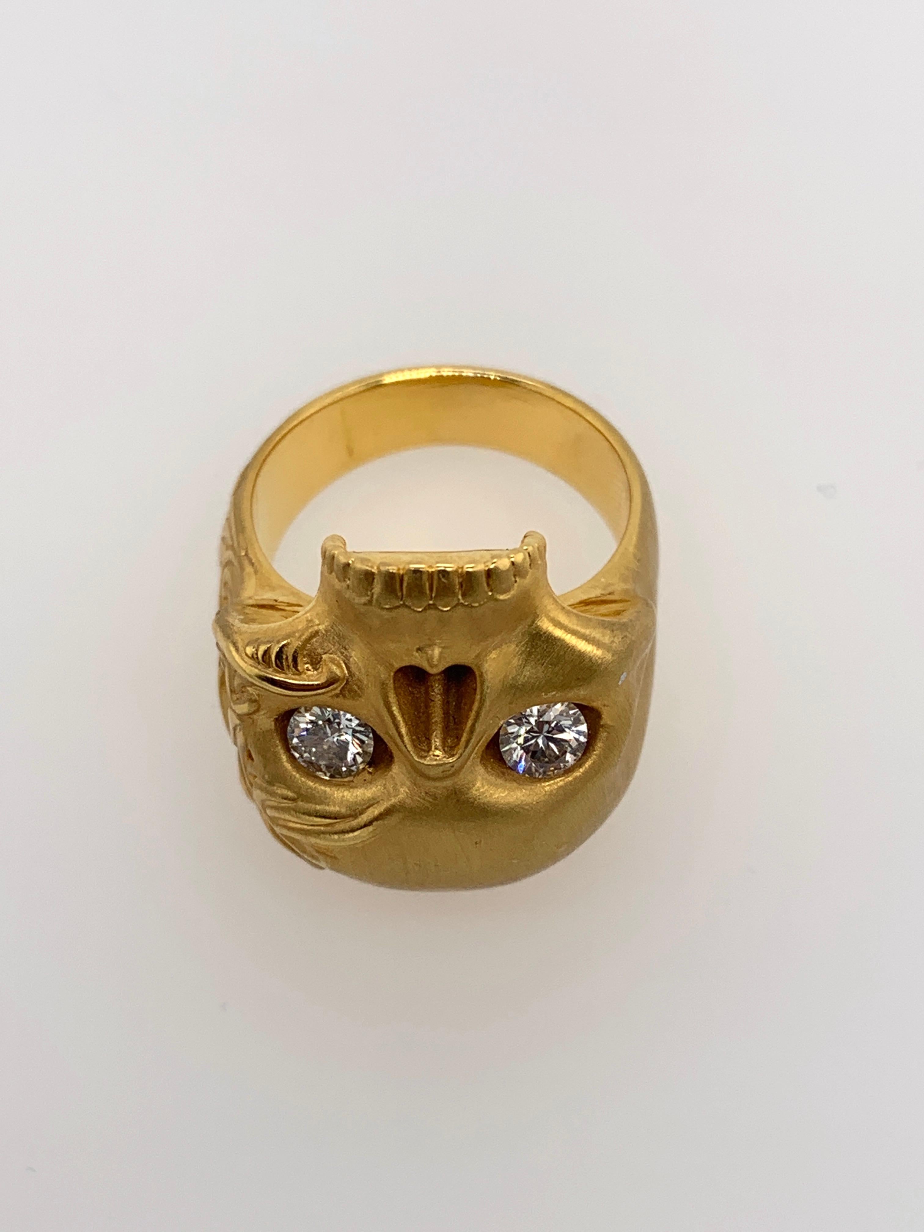 Yellow Gold White Diamond Skull Ring For Sale 1