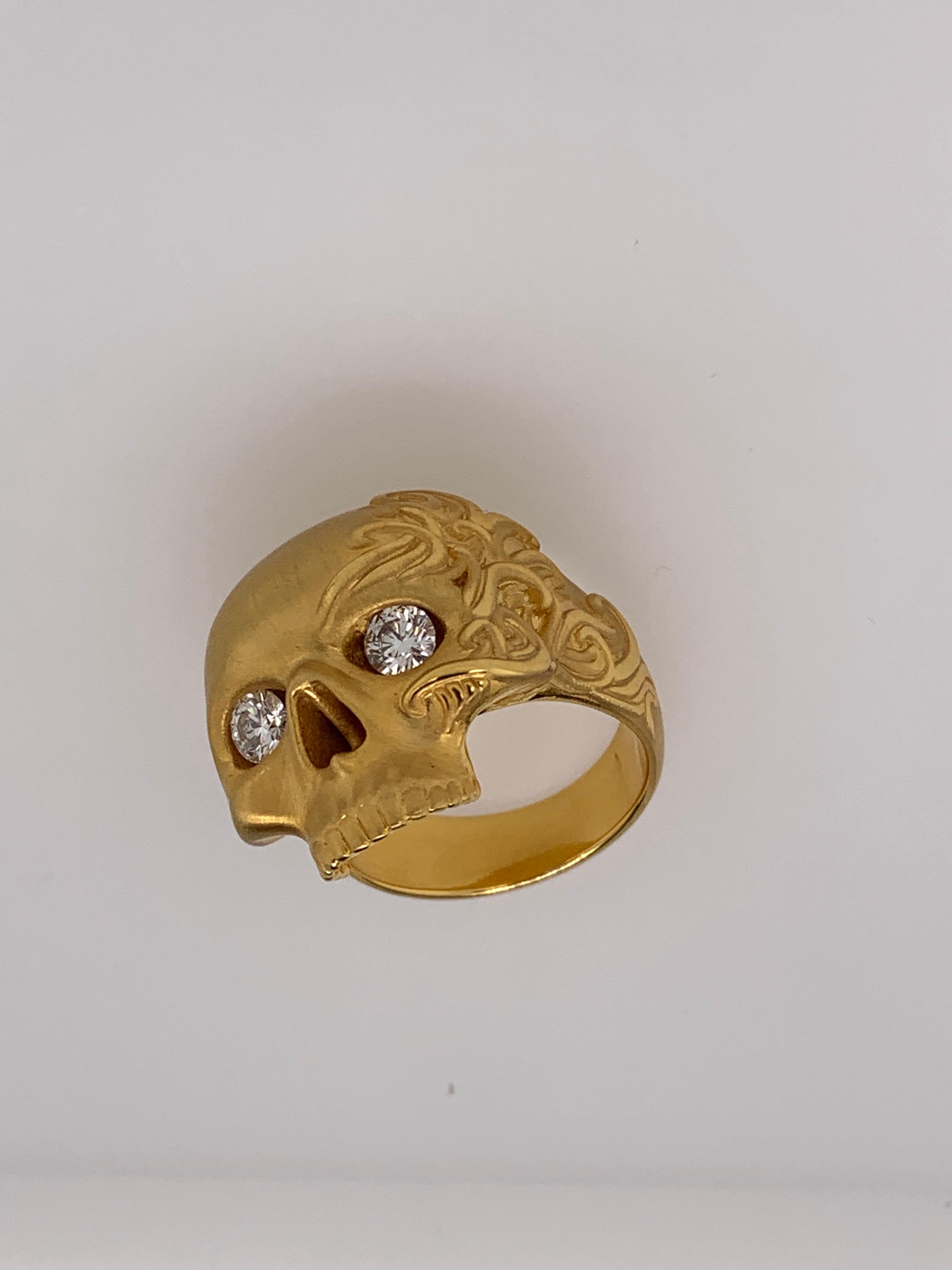 Yellow Gold White Diamond Skull Ring For Sale 2