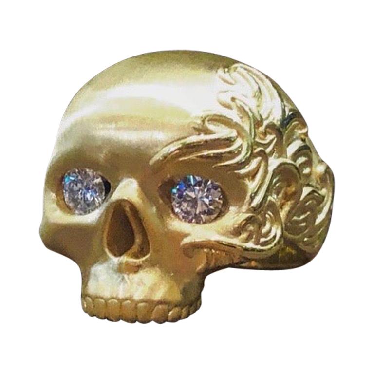 Yellow Gold White Diamond Skull Ring For Sale
