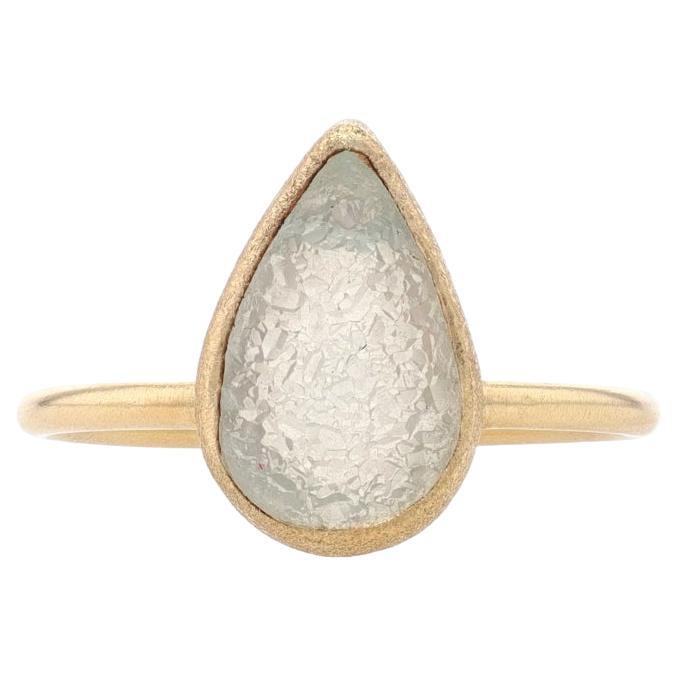 Yellow Gold White Druzy Solitaire Ring - 18k Pear Textured For Sale