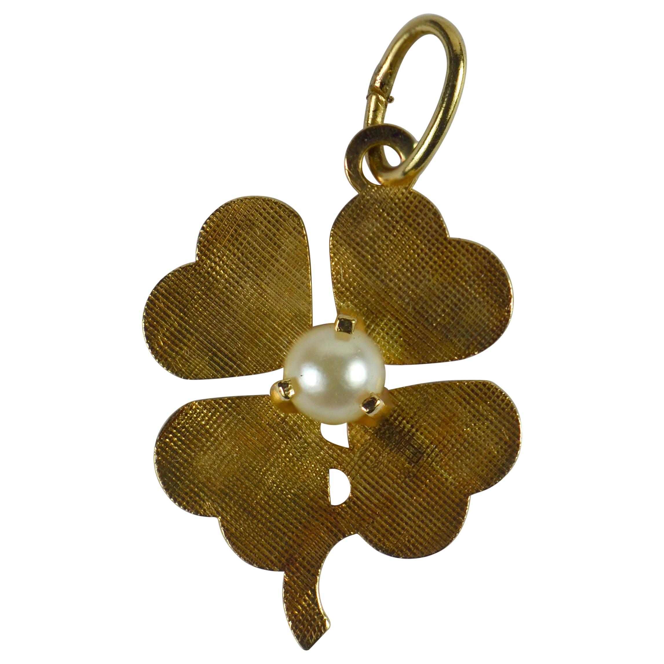 Yellow Gold White Pearl Lucky Clover Shamrock Charm Pendant