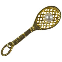 Yellow Gold White Pearl Tennis Racket Charm Pendant