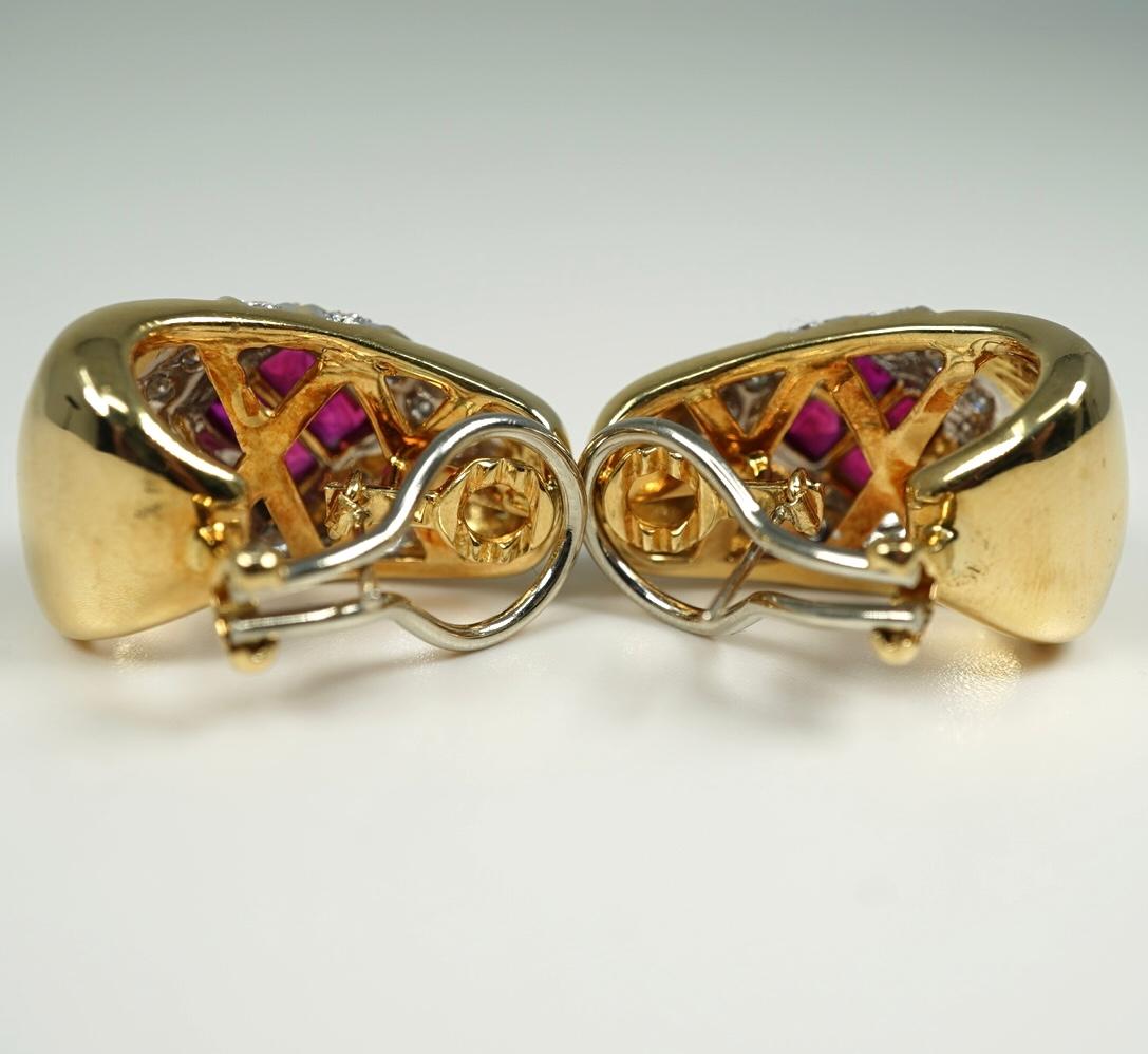 Women's or Men's Yellow Gold White Plate Ruby Diamond Earrings