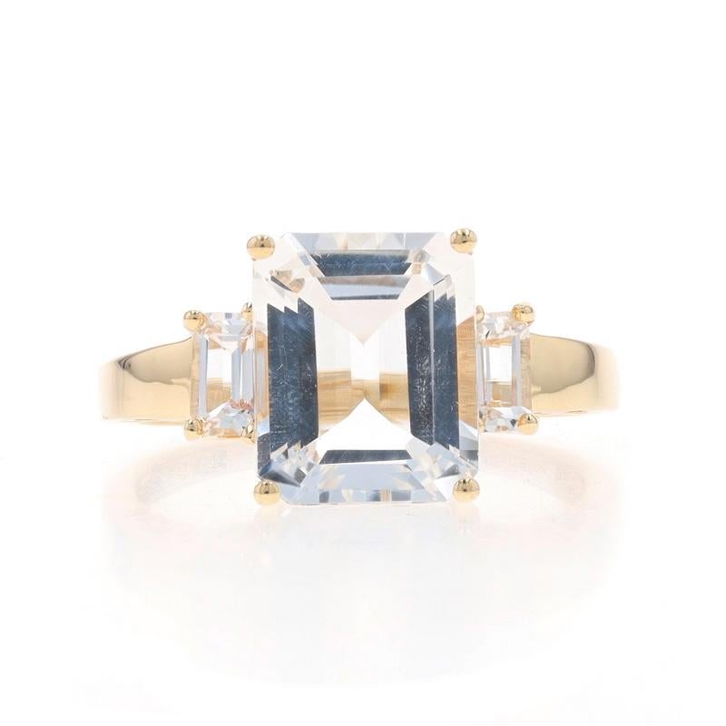 Size: 9 1/4
Sizing Fee: Up 2 sizes for $30 or Down 1 1/2 sizes for $30

Metal Content: 10k Yellow Gold

Stone Information

Natural Topaz
Carat(s): 5.18ctw
Cut: Emerald
Color: White

Total Carats: 5.18ctw

Style: Three-Stone

Measurements

Face