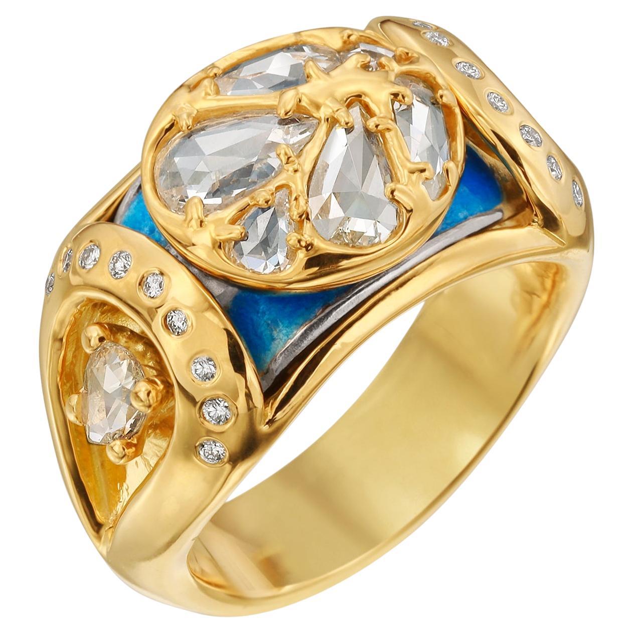 Yellow Gold Wide Band Ring with Rose Cut Diamonds and Vitreous Glass Enamel For Sale