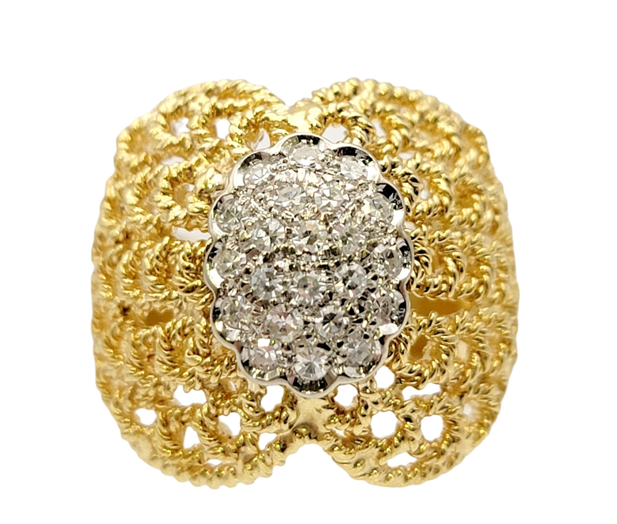 Ring size: 5.25

Absolutely gorgeous diamond clustered ring with intricate 18 karat yellow gold mesh design. The wide, webbed pattern fills the finger while still remaining delicate, while the elegant tightly clustered design makes the natural