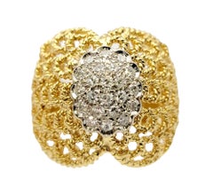Wide Textured Mesh Band Ring with Diamond Cluster Center in 18K Yellow Gold