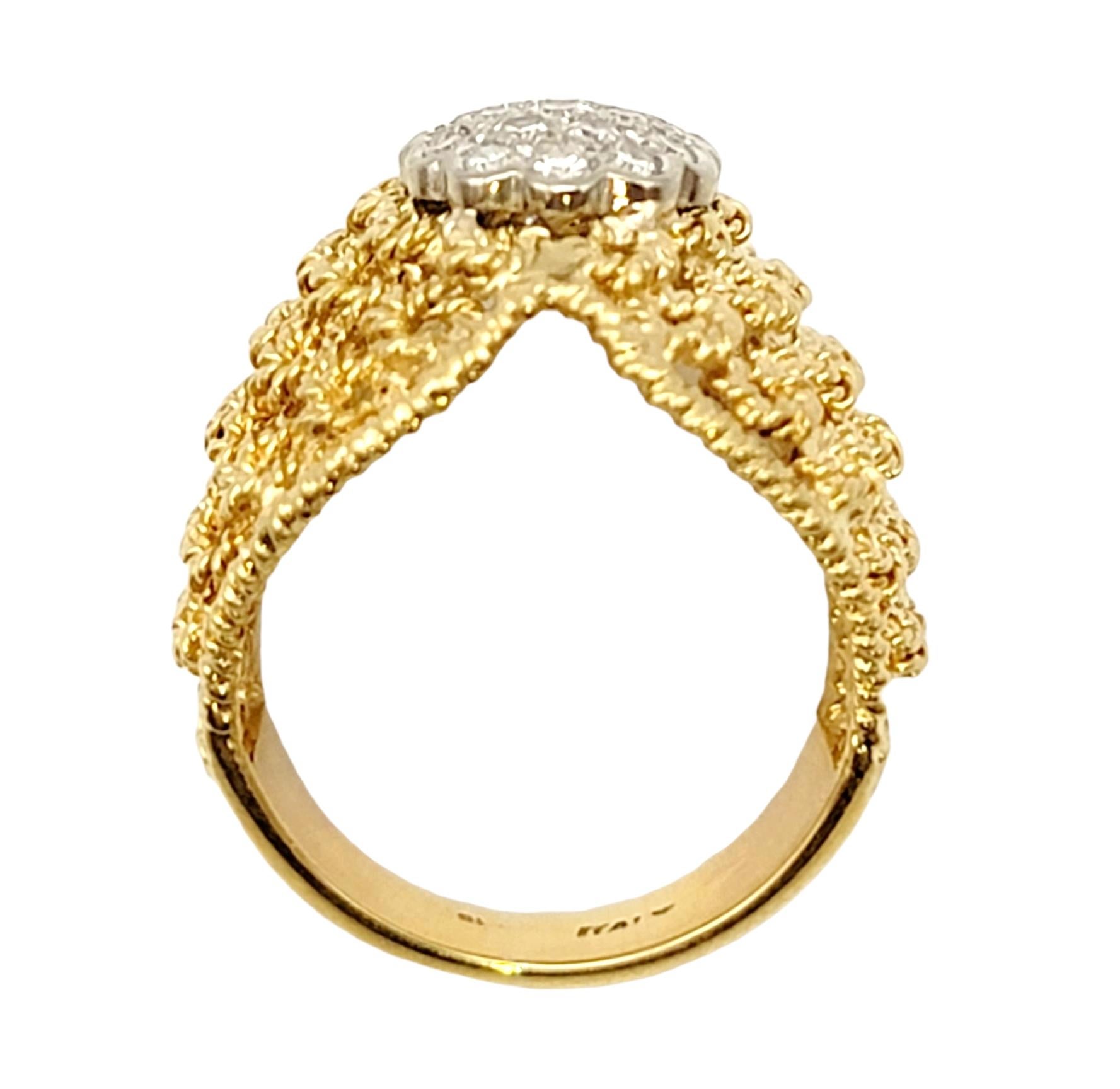Round Cut Yellow Gold Wide Mesh Band Ring with Round Brilliant Diamond Cluster F / VVS For Sale