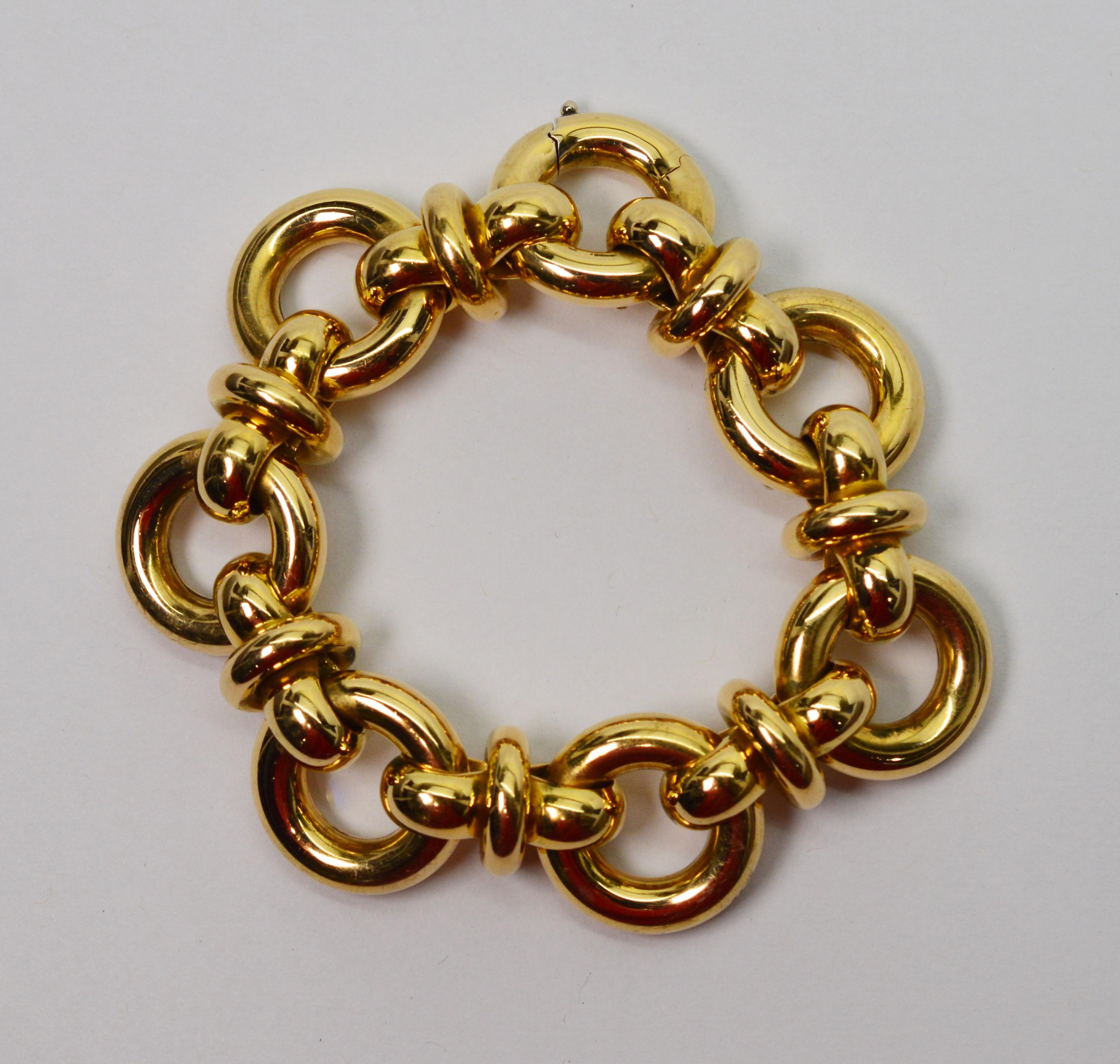 Yellow Gold Wide Round Link Chain Statement Bracelet For Sale 4