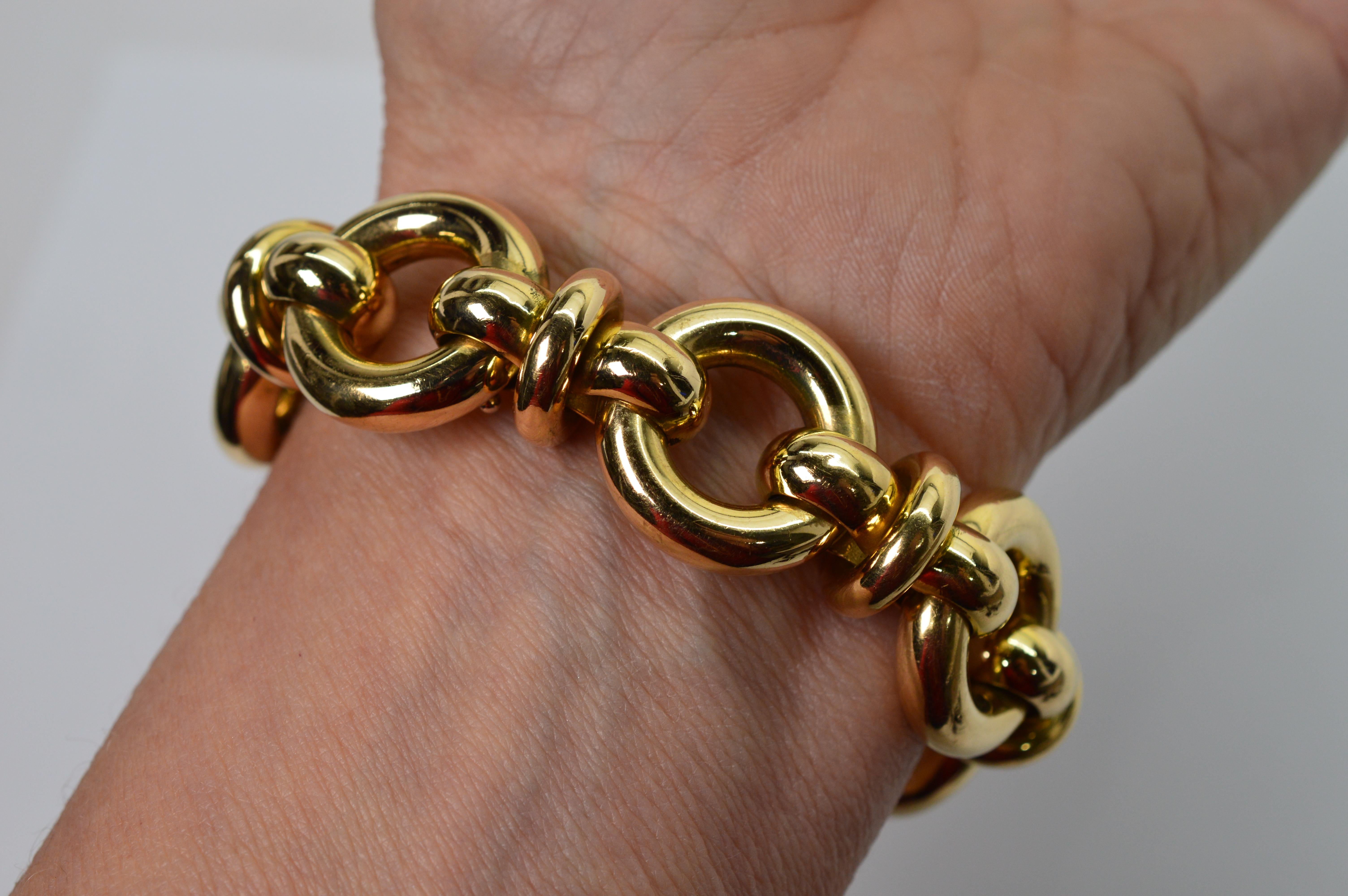 Yellow Gold Wide Round Link Chain Statement Bracelet For Sale 2