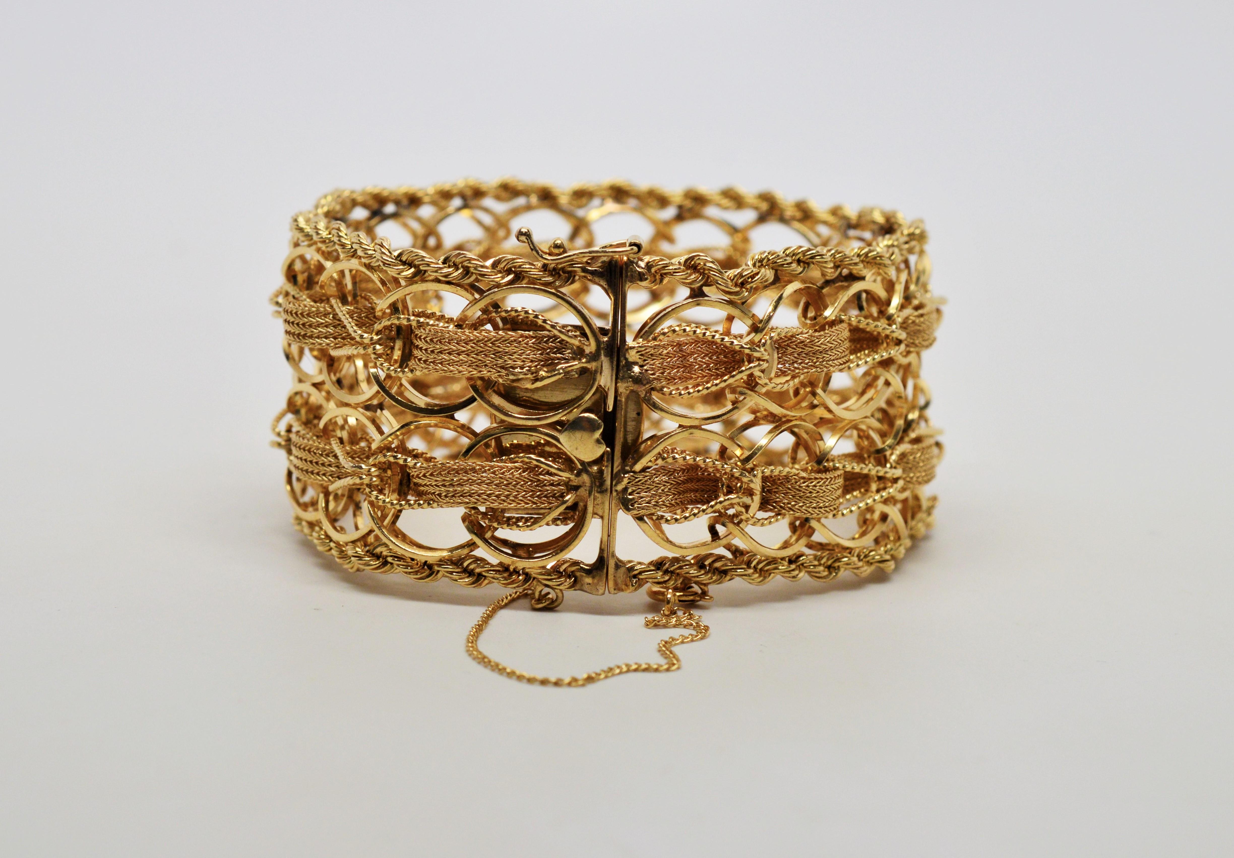 Wide Woven Double Chain Link 14 Karat Yellow Gold Bracelet For Sale at ...