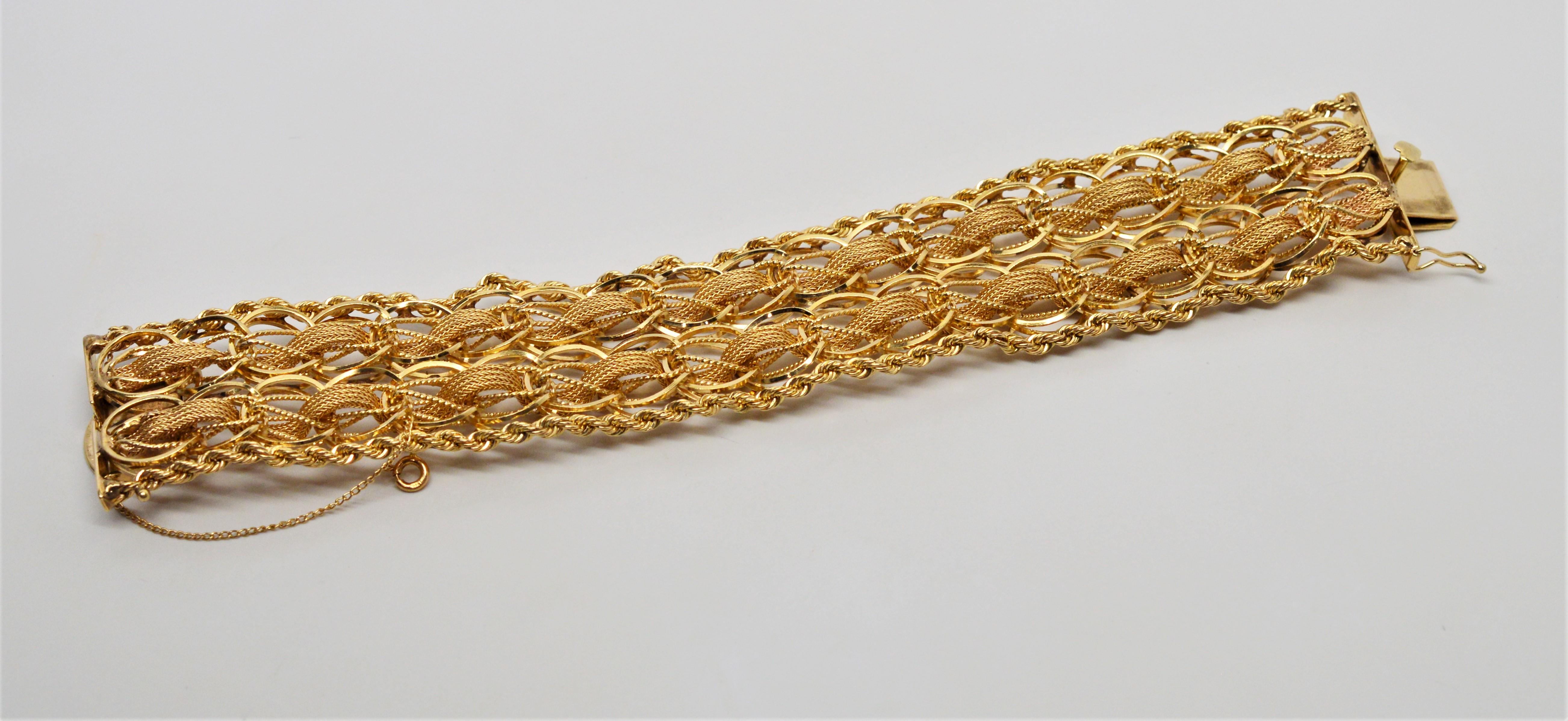 Bracelet large tissé à double chaîne en or jaune 14 carats Pour femmes en vente