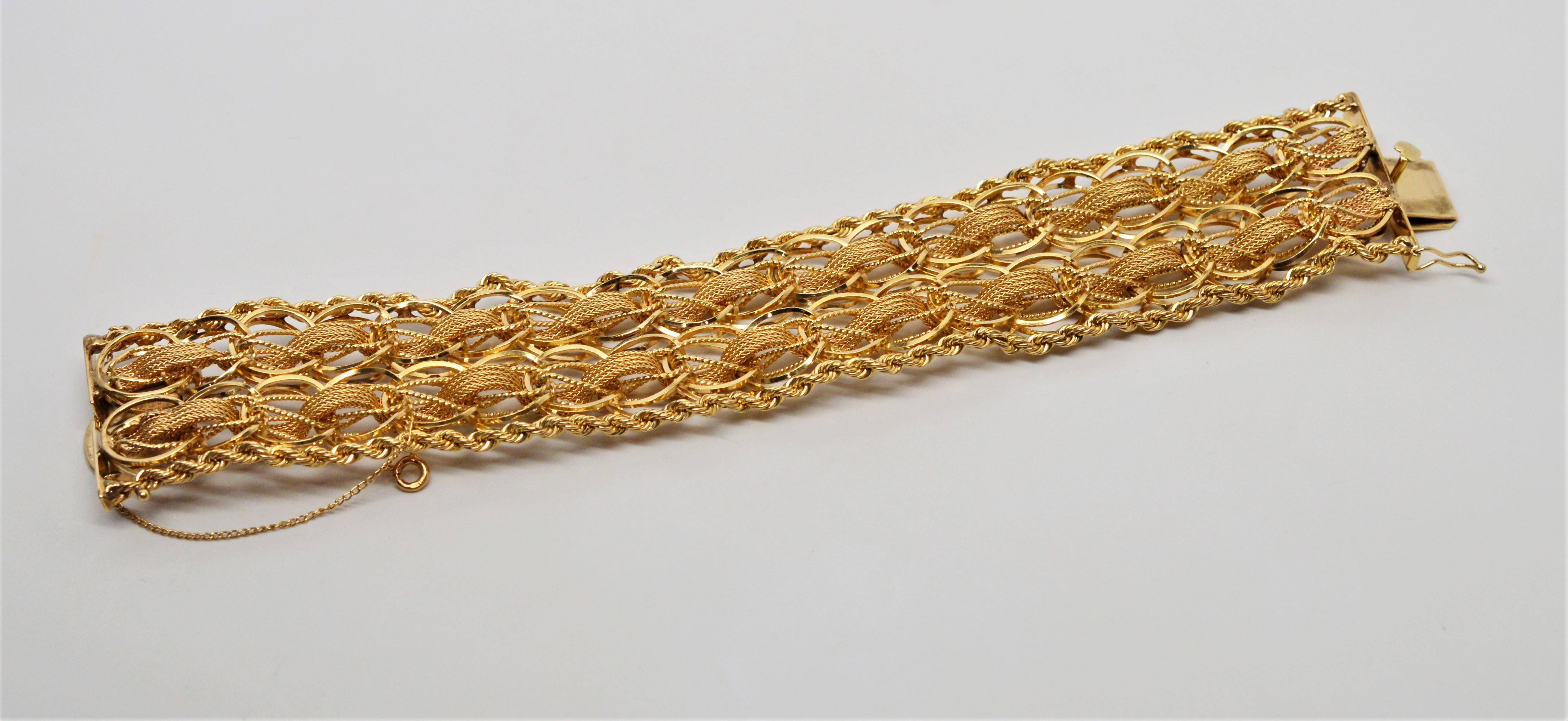  Bracelet large tissé à double chaîne en or jaune 14 carats Pour femmes en vente