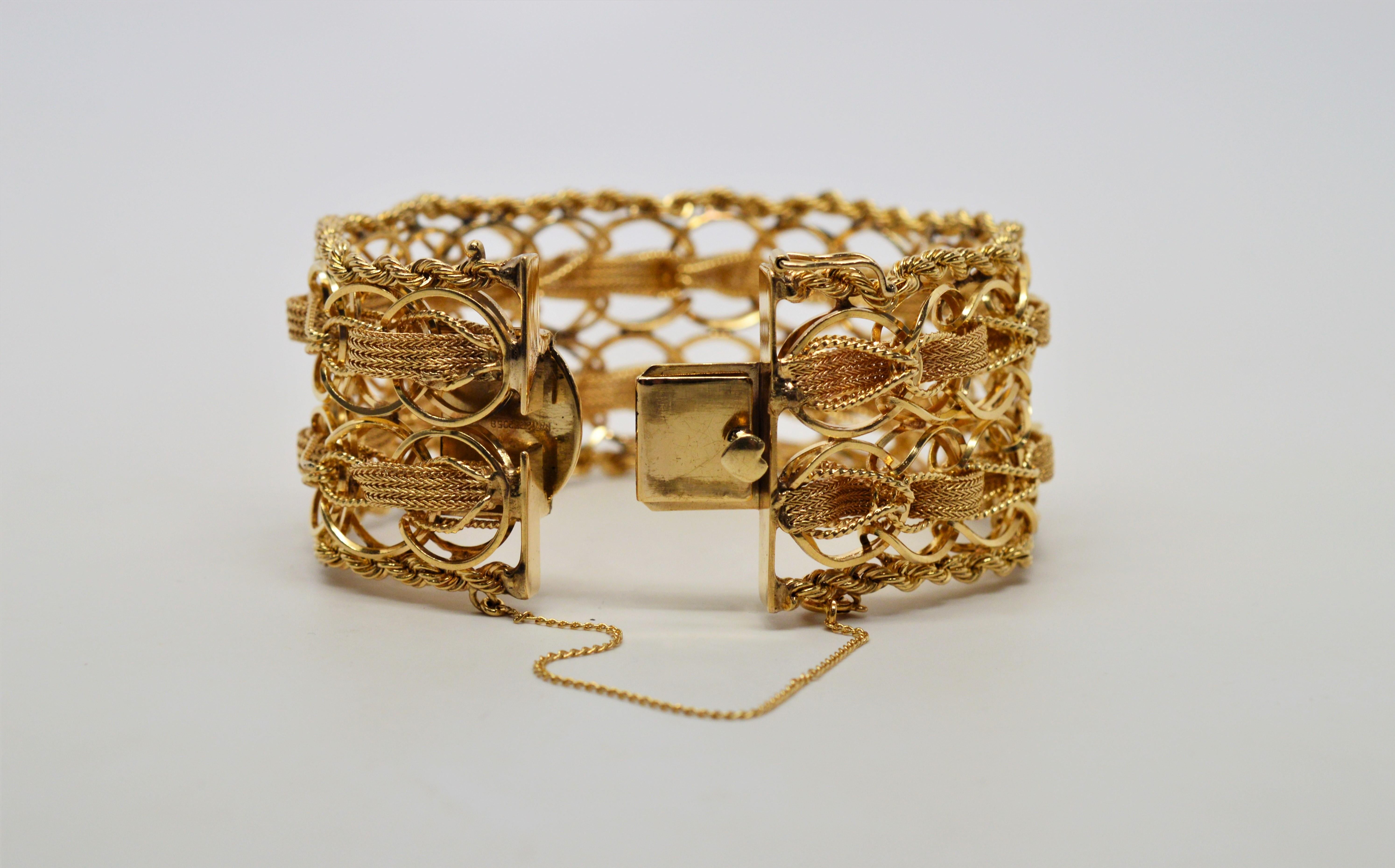  Bracelet large tissé à double chaîne en or jaune 14 carats en vente 1