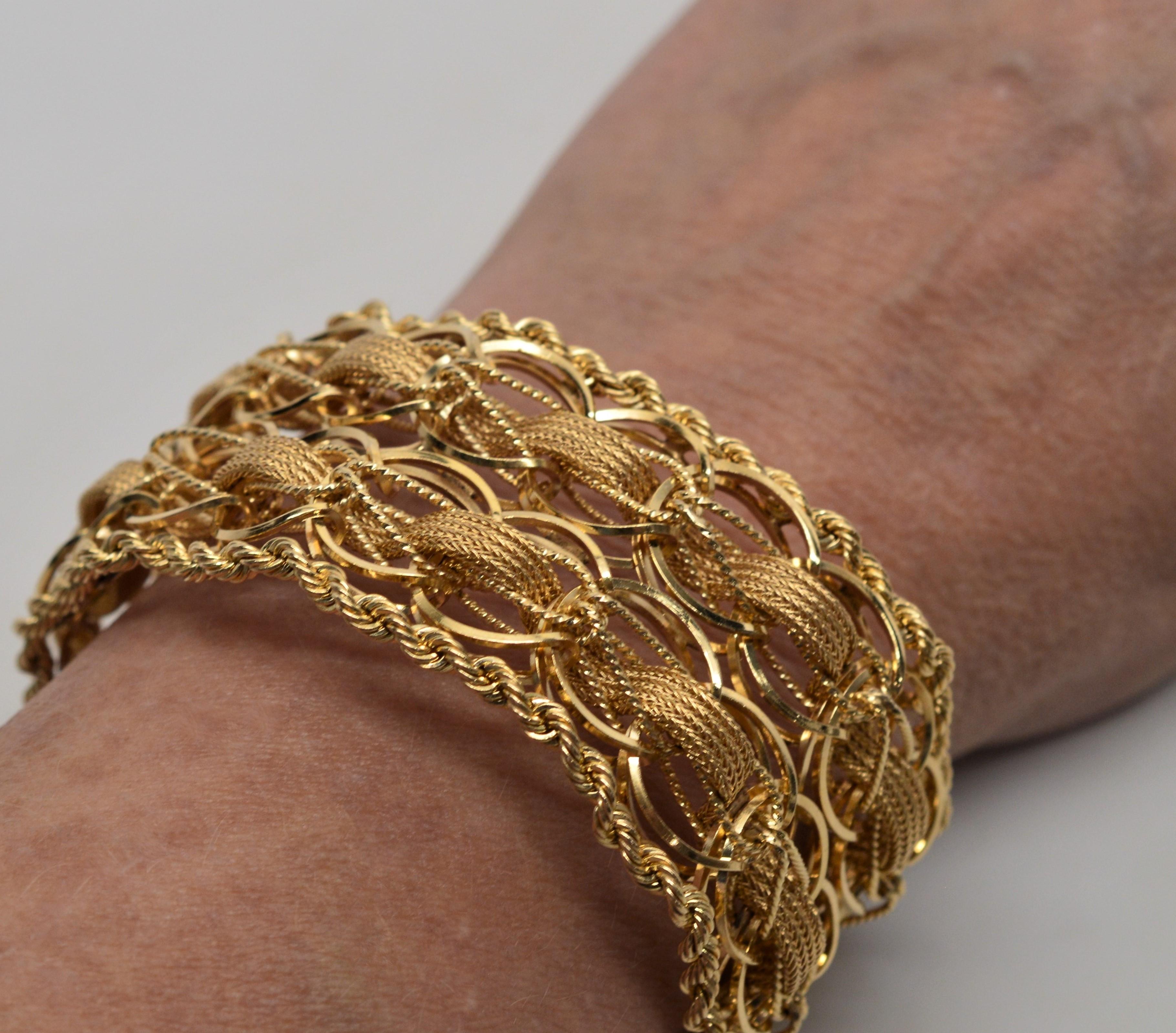  Wide Woven Double Chain Link 14 Karat Yellow Gold Bracelet In Excellent Condition For Sale In Mount Kisco, NY