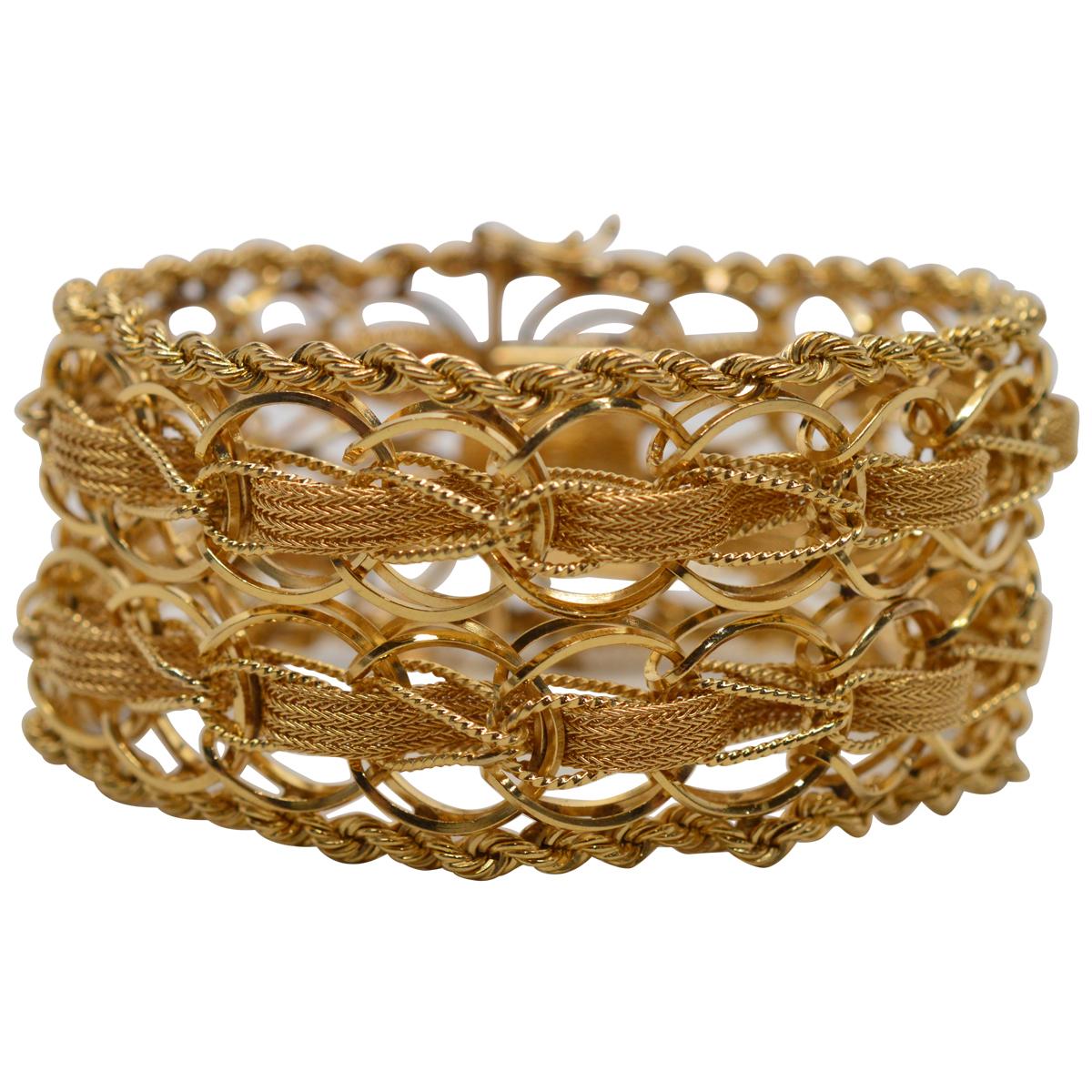  Wide Woven Double Chain Link 14 Karat Yellow Gold Bracelet